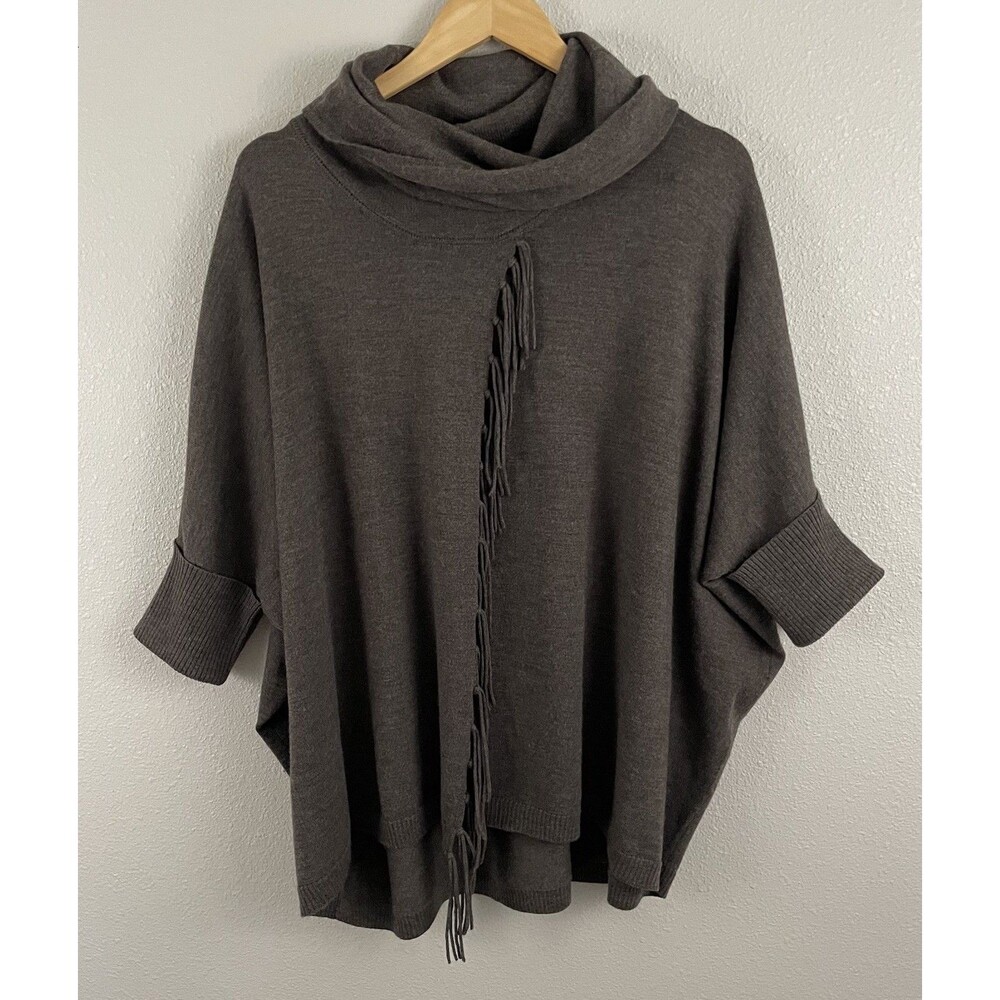 Repeat Womens 40/M Brown 100% Merino Cowl Neck Fringe Cape Poncho